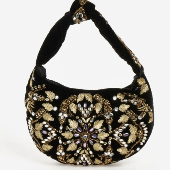 Made in India Velvet Beaded Sequin Rhinestone Bag Black Gold Knot Tik Tok - Picture 1 of 3